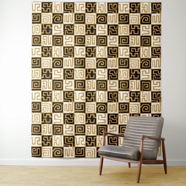 Kuba Style 071019 - Black, White and Gold v1 Tapestry (In Situ)