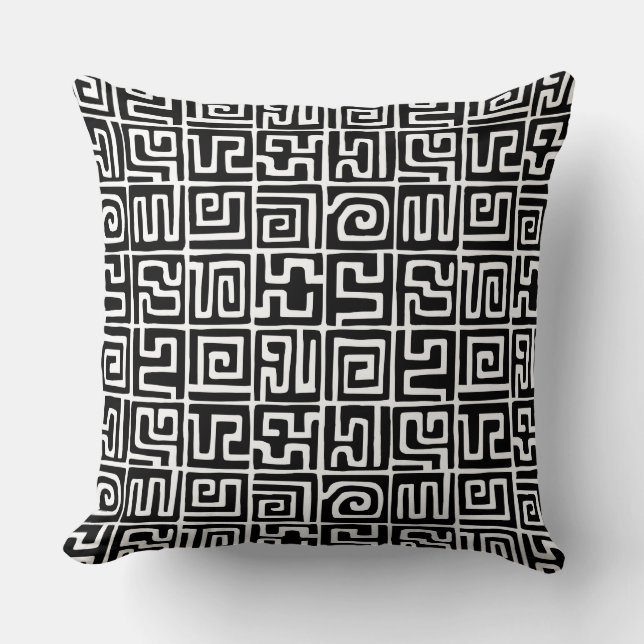 Kuba Style Pattern 071019 - Black and White Throw Pillow (Front)