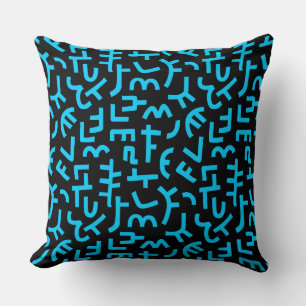 Kuba Style Pattern 121019 - Sky Blue on Black Throw Pillow