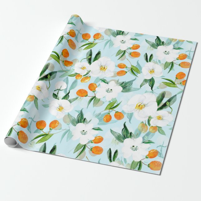 Kumquat Orchid Summer Fruit Pattern on Teal Wrapping Paper (Unrolled)