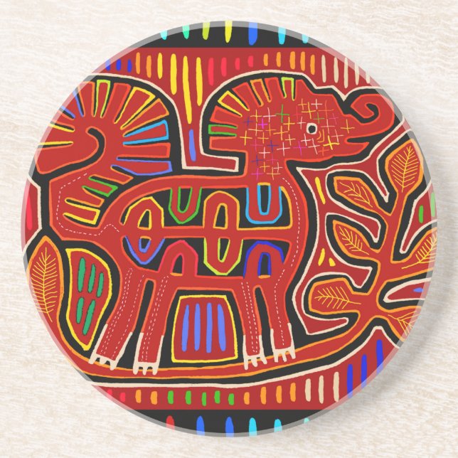 Kuna Indian Baby Elephant - Mola Folk Art Coaster (Front)