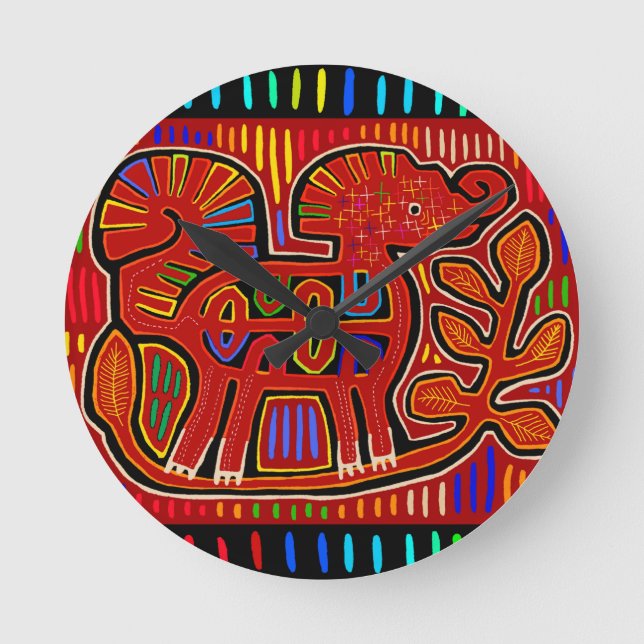 Kuna Indian Baby Elephant - Mola Folk Art Round Clock (Front)