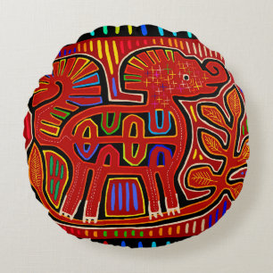 Kuna Indian Baby Elephant - Mola Folk Art Round Pillow