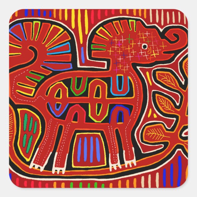 Kuna Indian Baby Elephant - Mola Folk Art Square Sticker (Front)
