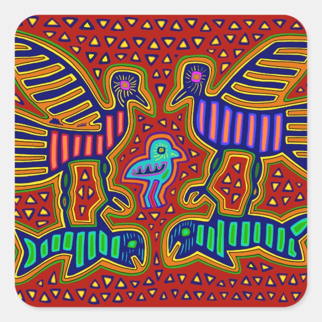 Kuna Indian Birds with Fish Square Sticker (Front)