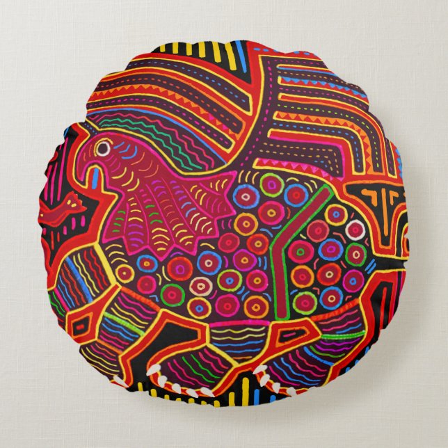 Kuna Indian Friendly Dragon Mola Round Pillow (Front)