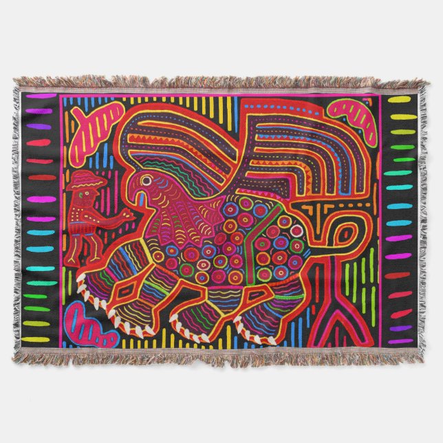Kuna Indian Friendly Dragon Mola Throw Blanket (Front)