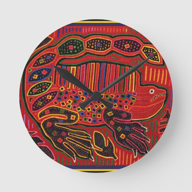 Kuna Indian Iguana Mola Round Clock (Front)