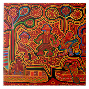 Kuna Indian Mola Men in Boats Tile