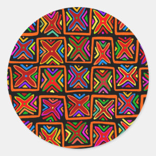 Kuna Indian Mola Tribal Checks - Red Classic Round Sticker
