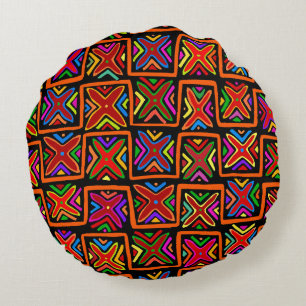 Kuna Indian Mola Tribal Checks - Red Round Pillow