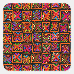 Kuna Indian Mola Tribal Checks - Red Square Sticker