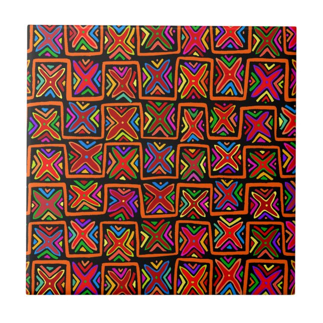Kuna Indian Mola Tribal Checks - Red Tile (Front)