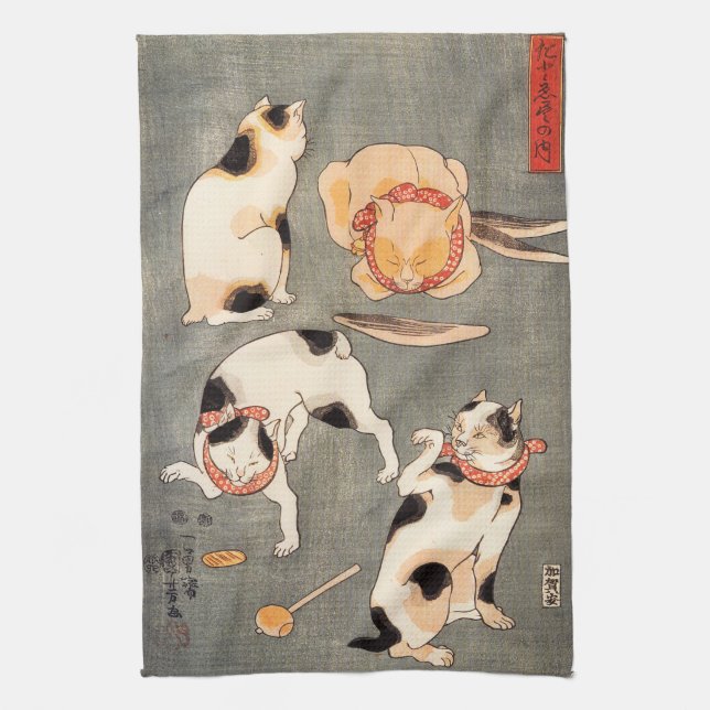 Kuniyoshi Four Cats Kitchen Towel (Vertical)