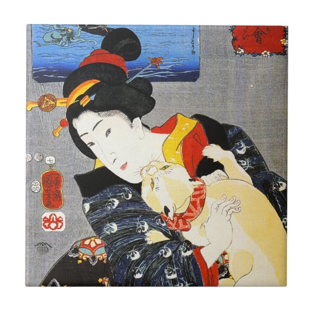 Kuniyoshi Woman with a Cat Tile (Front)