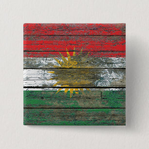 Kurdish Flag on Rough Wood Boards Effect 2 Inch Square Button