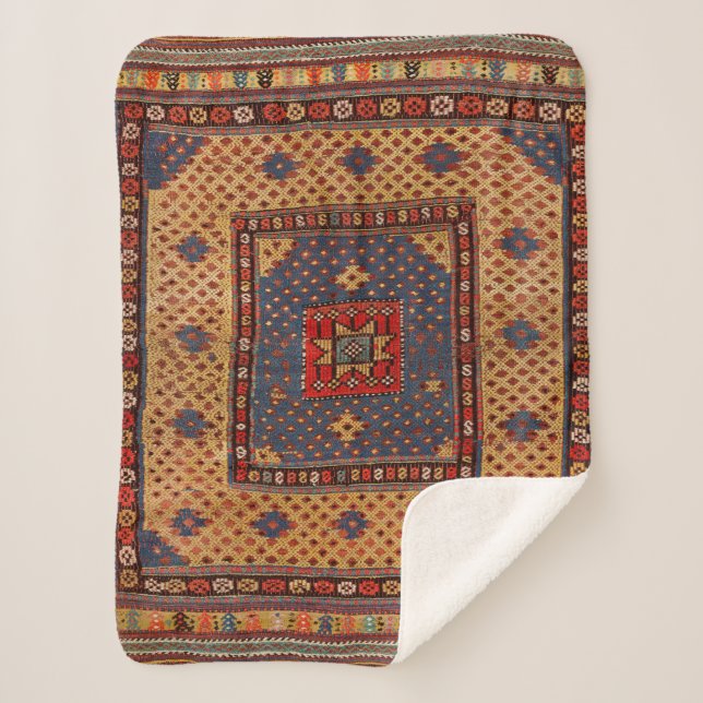 Kurdish Safreh Dark Tan Yellow Blue  Sherpa Blanket (Front)