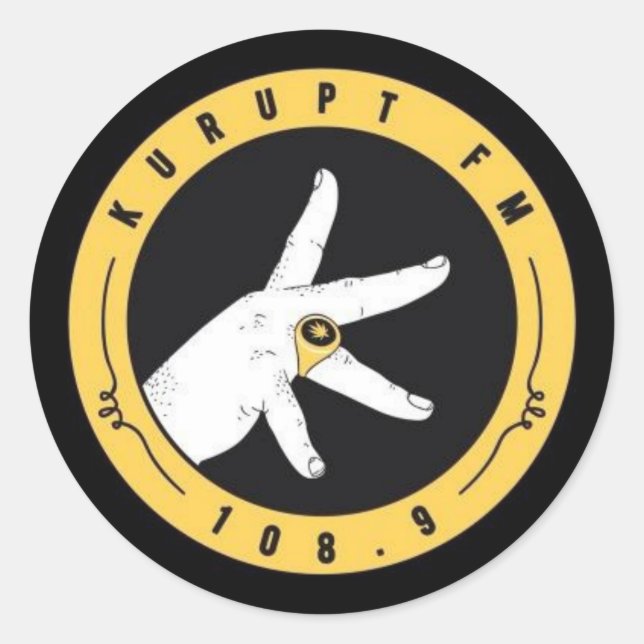 kurupt fm stickers.. 108.9. straight thru ya spine classic round sticker (Front)