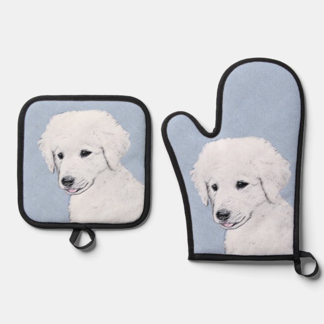 Kuvasz Painting Hungarian Cute Original Dog Art Oven Mitt & Pot Holder Set (Front)