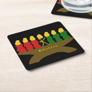 Kwanzaa Art Design Yellow Text Square Paper Coaster