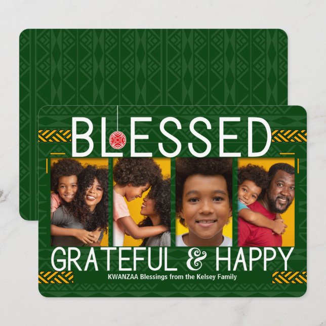 Kwanzaa Blessed Grateful and Happy Tribal 4 Photo Holiday Card (Front/Back)