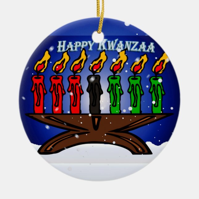 Kwanzaa Candle Kinara with Snow And Greeting Ceramic Ornament (Front)