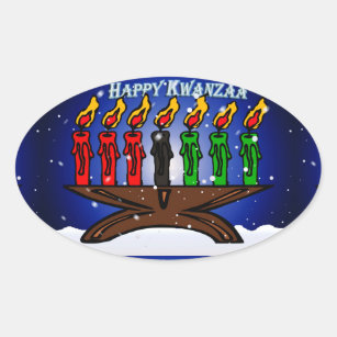 Kwanzaa Candle Kinara with Snow And Greeting Oval Sticker