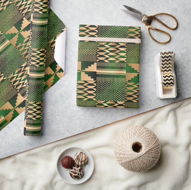 Kwanzaa Kente Print (Green/Gold) Wrapping Paper (Crafts)