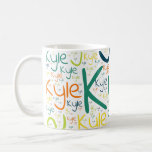 Kyle Coffee Mug<br><div class="desc">Kyle. Show and wear this popular beautiful male first name designed as colourful wordcloud made of horizontal and vertical cursive hand lettering typography in different sizes and adorable fresh colours. Wear your positive american name or show the world whom you love or adore. Merch with this soft text artwork is...</div>