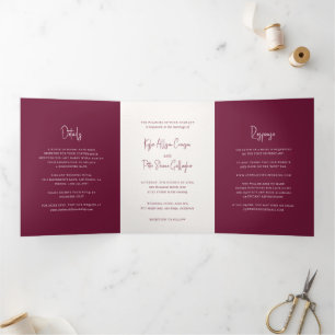 Kylee Burgundy Traditional Elegant Wedding Tri-Fold Invitation