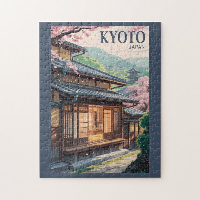 Kyoto Japan House Illustration Travel Art Vintage Jigsaw Puzzle (Vertical)