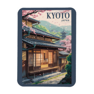 Kyoto Japan House Illustration Travel Art Vintage Magnet