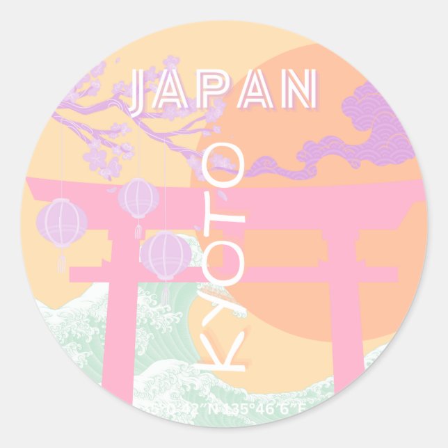 Kyoto Japan Travel Art, Orange Pastel Art  Classic Round Sticker (Front)