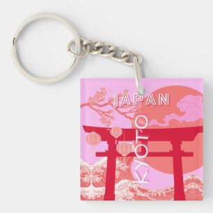 Kyoto Japan Travel Art, Pink Retro Travel Art Keychain