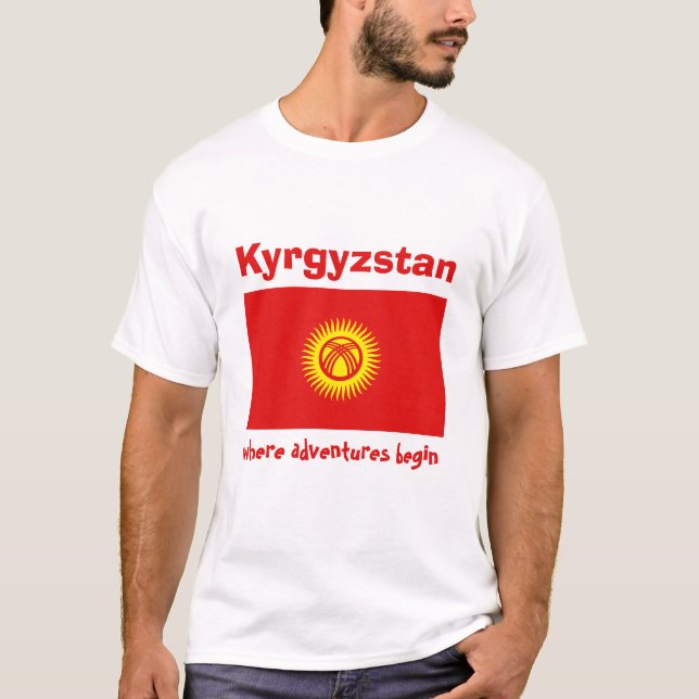 Kyrgyzstan Flag + Map + Text T-Shirt (Front)