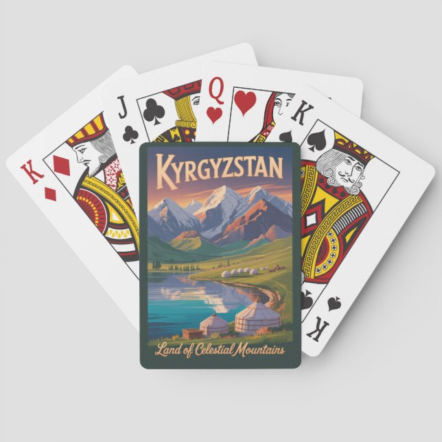 Kyrgyzstan Mountains Illustration Travel Art Vinta Playing Cards (Back)