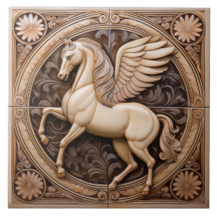 L Beige faux relief Art Nouveau Winged Horse Tile