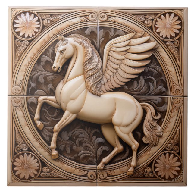 L Beige faux relief Art Nouveau Winged Horse Tile (Front)