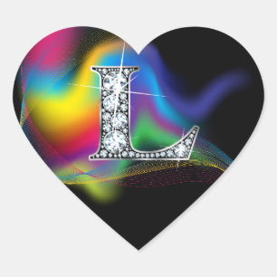 "L" Diamond Bling on Rainbow Swirl Heart Sticker