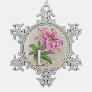 L for Lily Flower Alphabet Monogram Snowflake Pewter Christmas Ornament