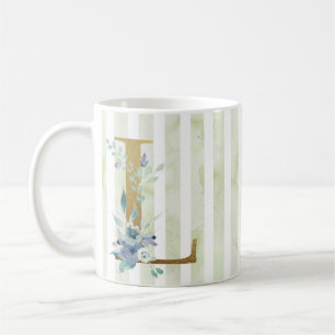 L golden initial on blue and white stripes coffee mug