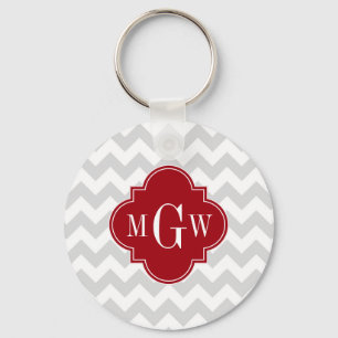 L Grey Wht Chevron Cranberry Quatrefoil 3 Monogram Keychain