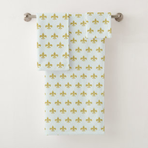 L@@K! -  Pretty Aqua Gold Fleur de Lis Pattern Bath Towel Set