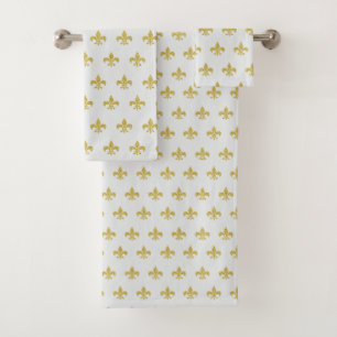 L@@K! - Pretty Grey & Gold Fleur de Lis Pattern Bath Towel Set
