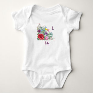 L Lily Personalize Letter Name, Rose Flowers Baby Bodysuit