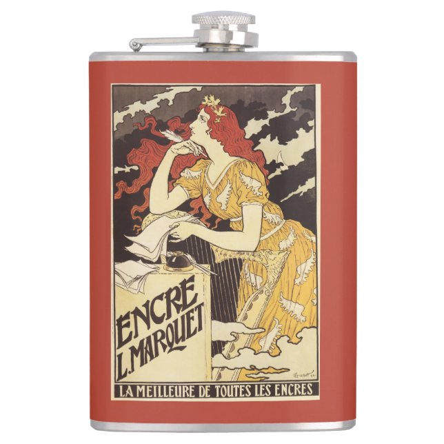 L. Marquet Ink Red-Headed Woman & Harp Hip Flask (Front)