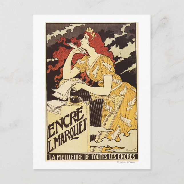 L. Marquet Ink Red-Headed Woman & Harp Postcard (Front)
