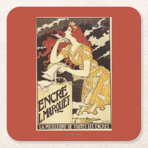 L. Marquet Ink Red-Headed Woman & Harp Square Paper Coaster