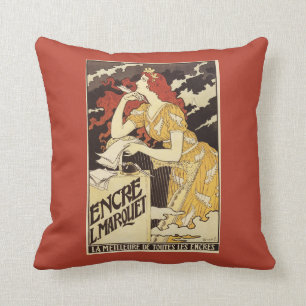 L. Marquet Ink Red-Headed Woman & Harp Throw Pillow