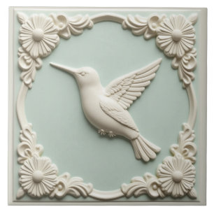 L Mint green faux relief Art Nouveau Hummingbird Tile